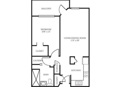 Floor plan for 1 bed, 1 bath, 688 sqft